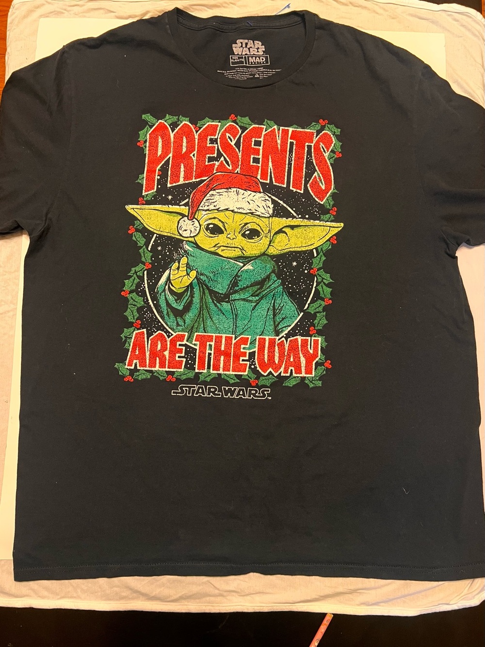 Star Wars Black Tee with Green Grogu and Red Holiday Lettering